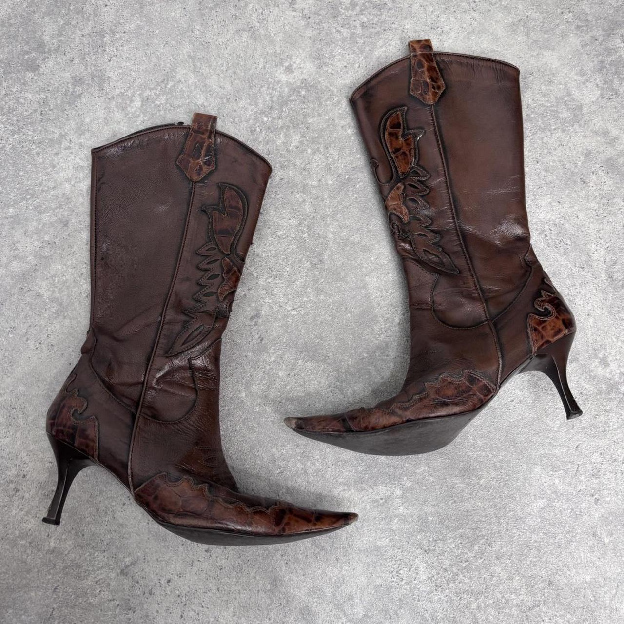 Brown leather pointed western boots