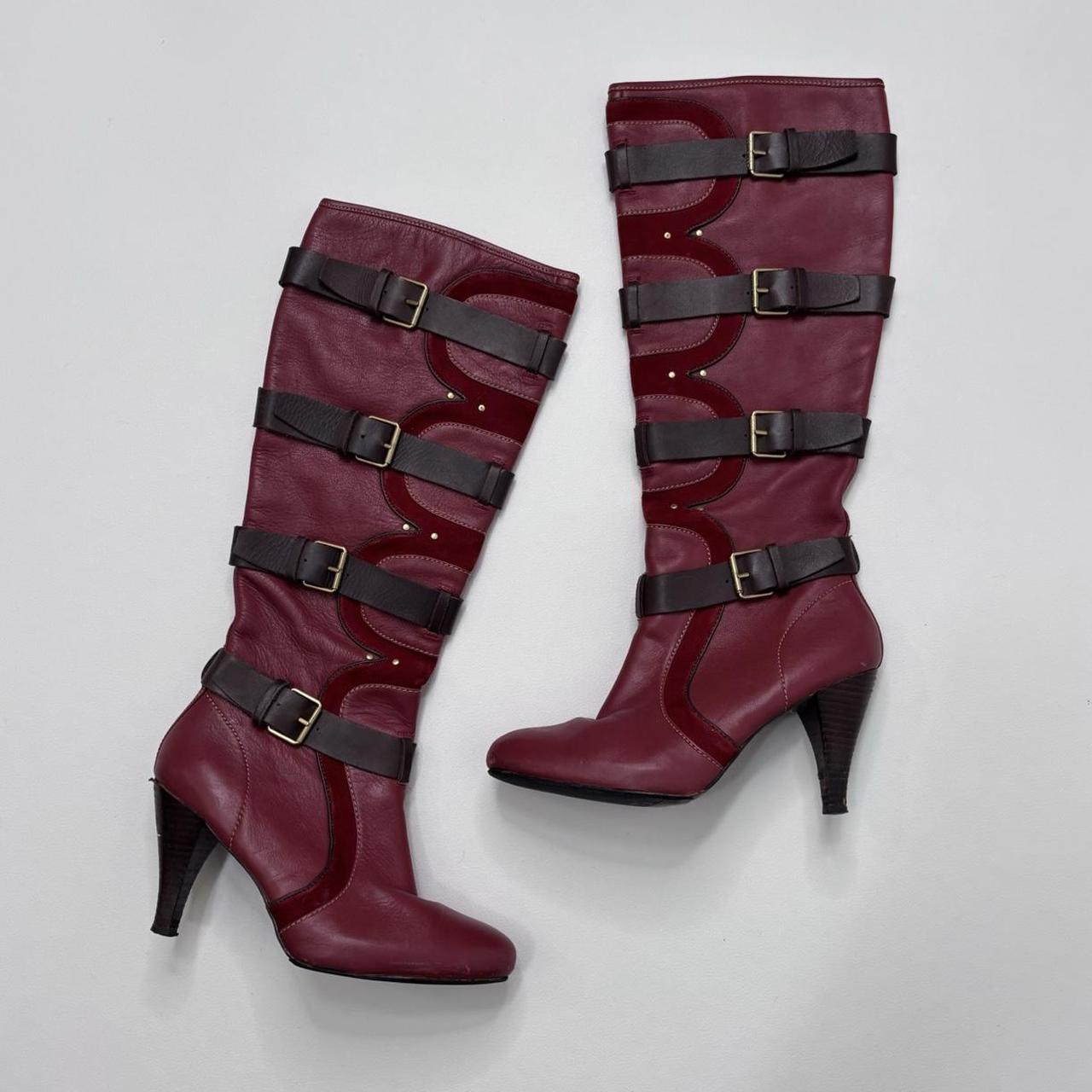Red leather heel buckle boots