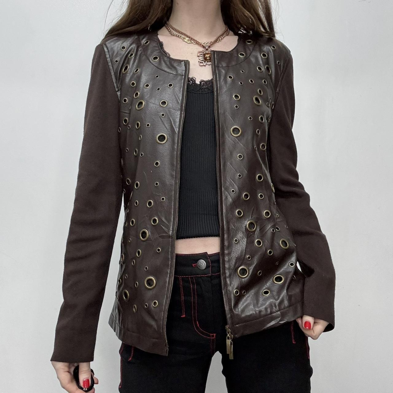 Brown studded eyelet leather jacket