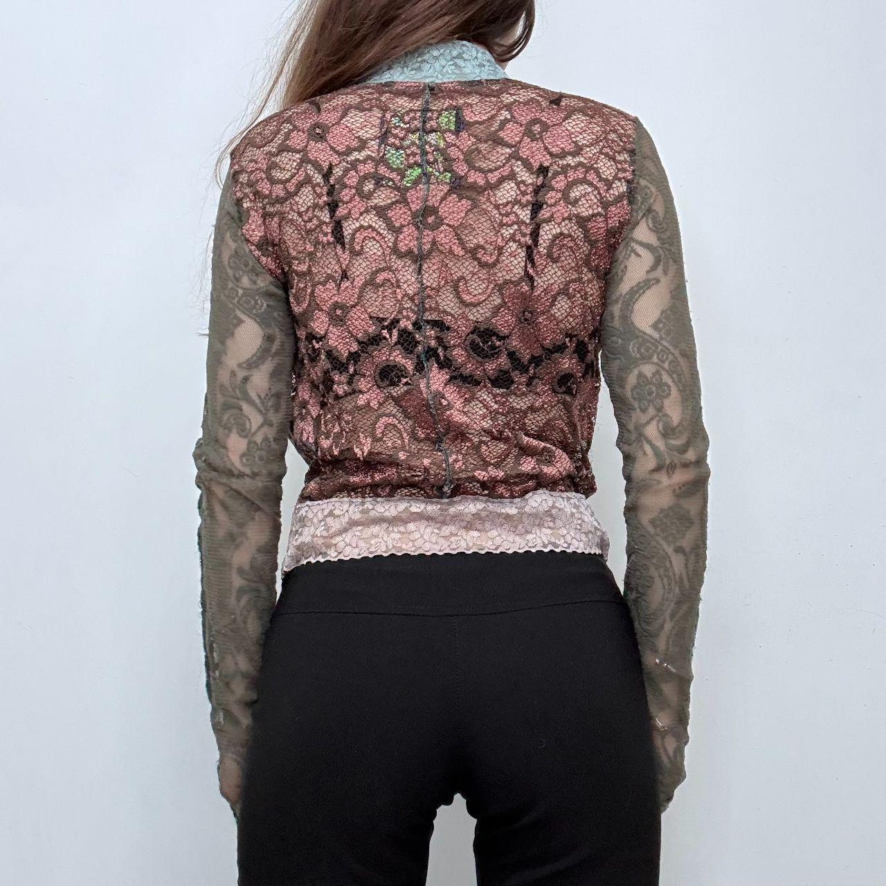 Floral lace fitted patchwork zip-shirt
