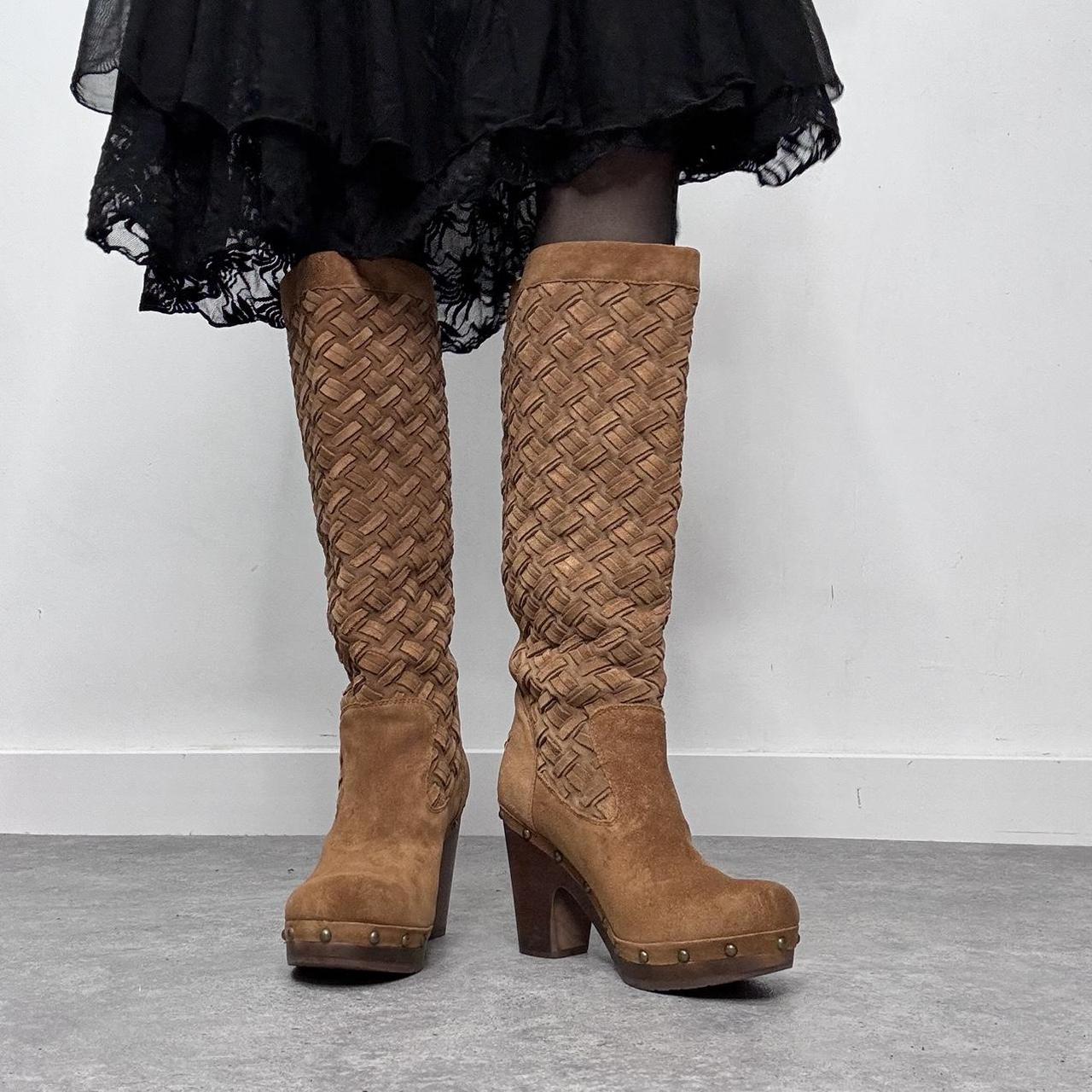 Tan suede woven leather stud clog boots