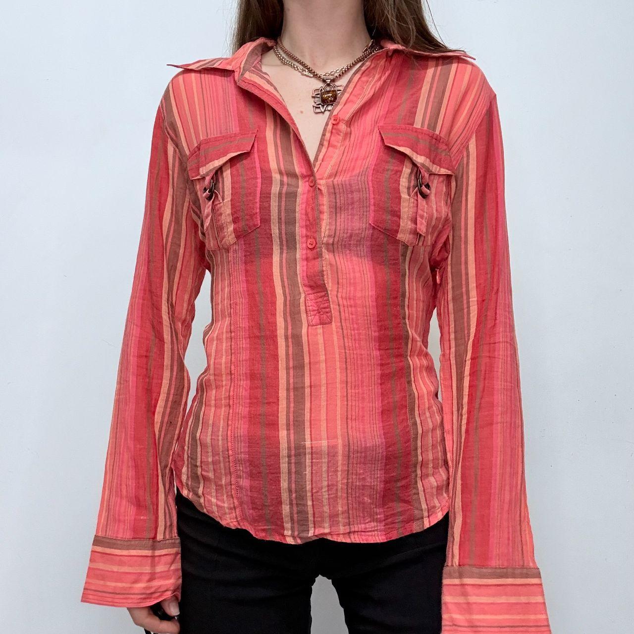 Pinstripe sheer flared cargo shirt