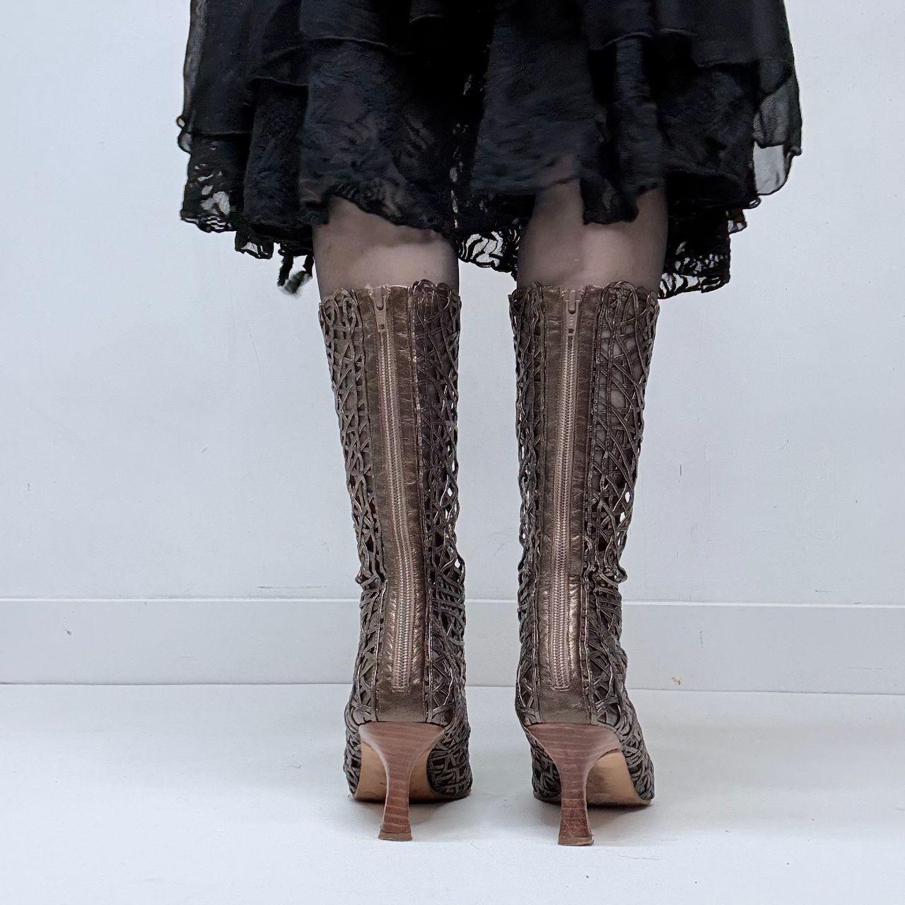 Woven sheer lace leather heel boots