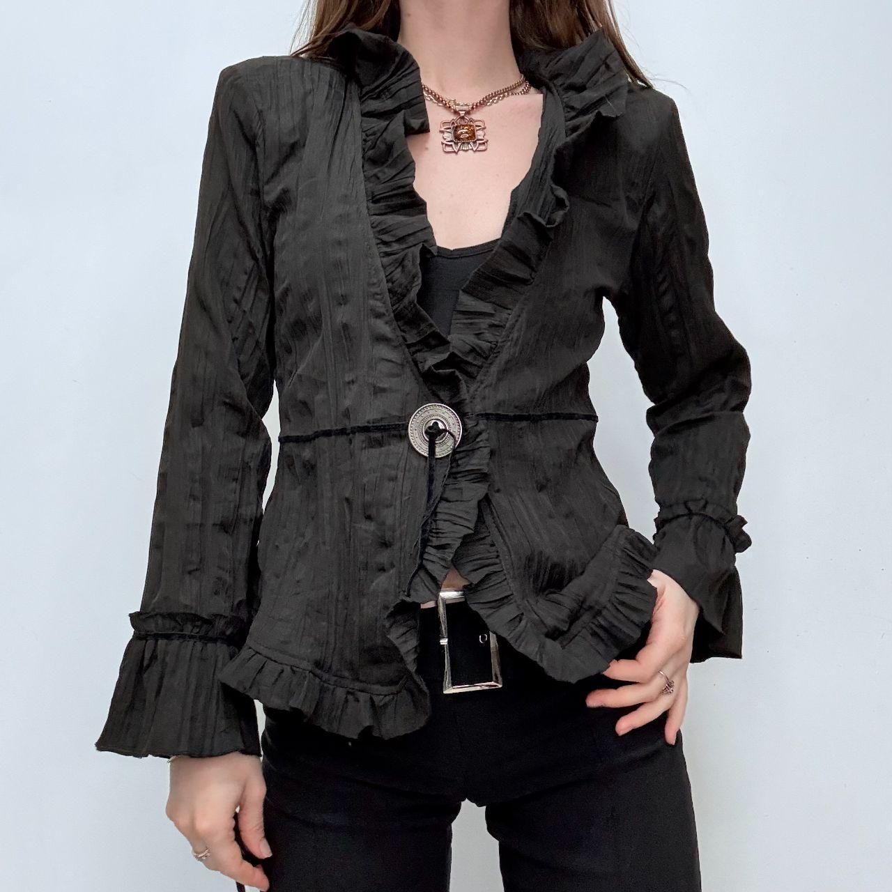 Black crinkle flared ruffle shirt