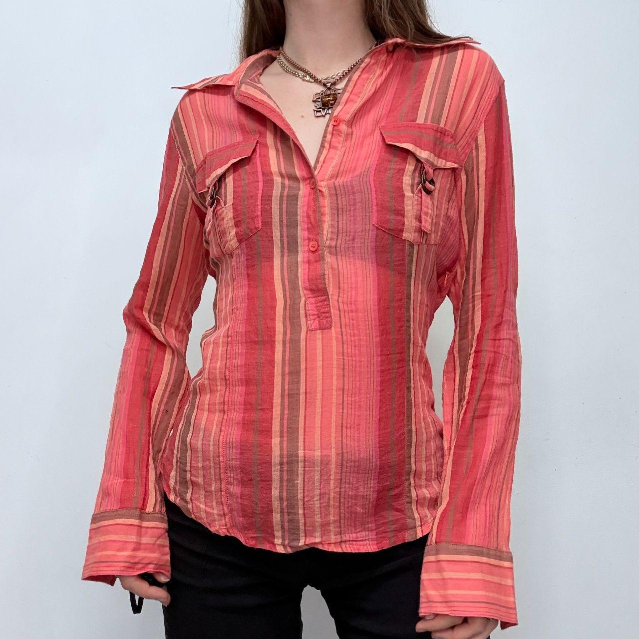 Pinstripe sheer flared cargo shirt