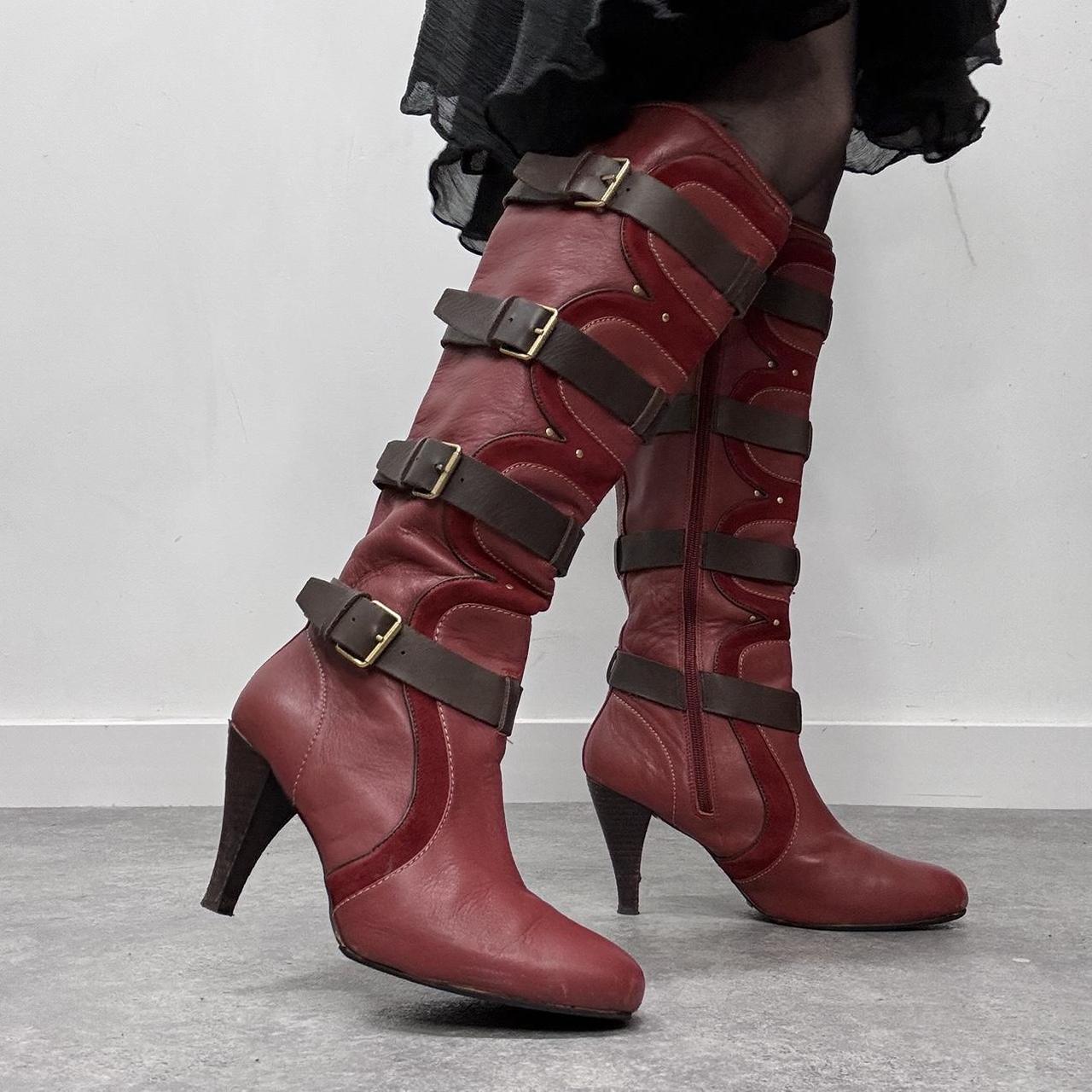Red leather heel buckle boots