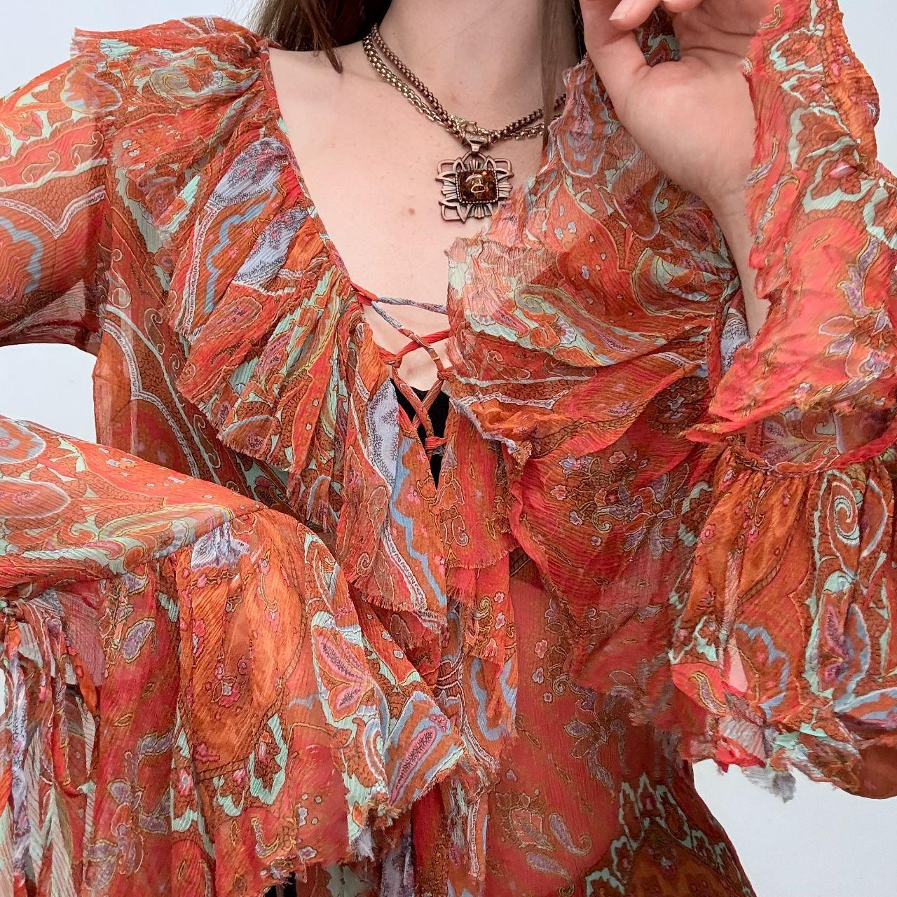 Paisley sheer silk flared ruffle shirt