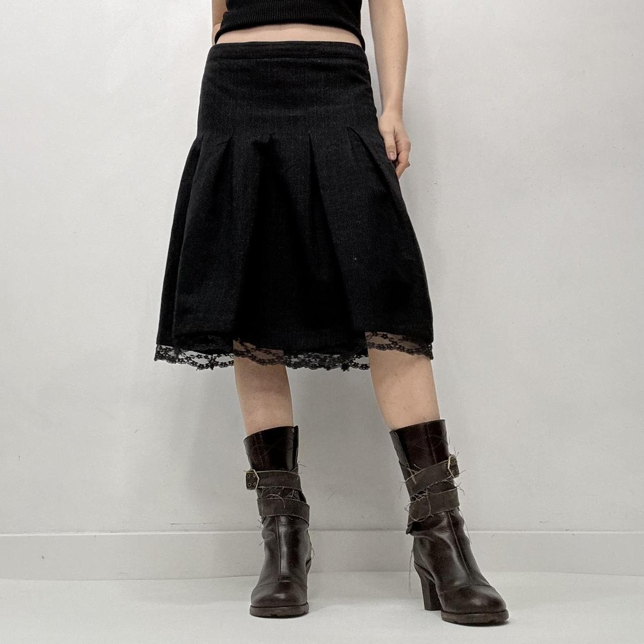 Pinstripe pleated lace midi skirt