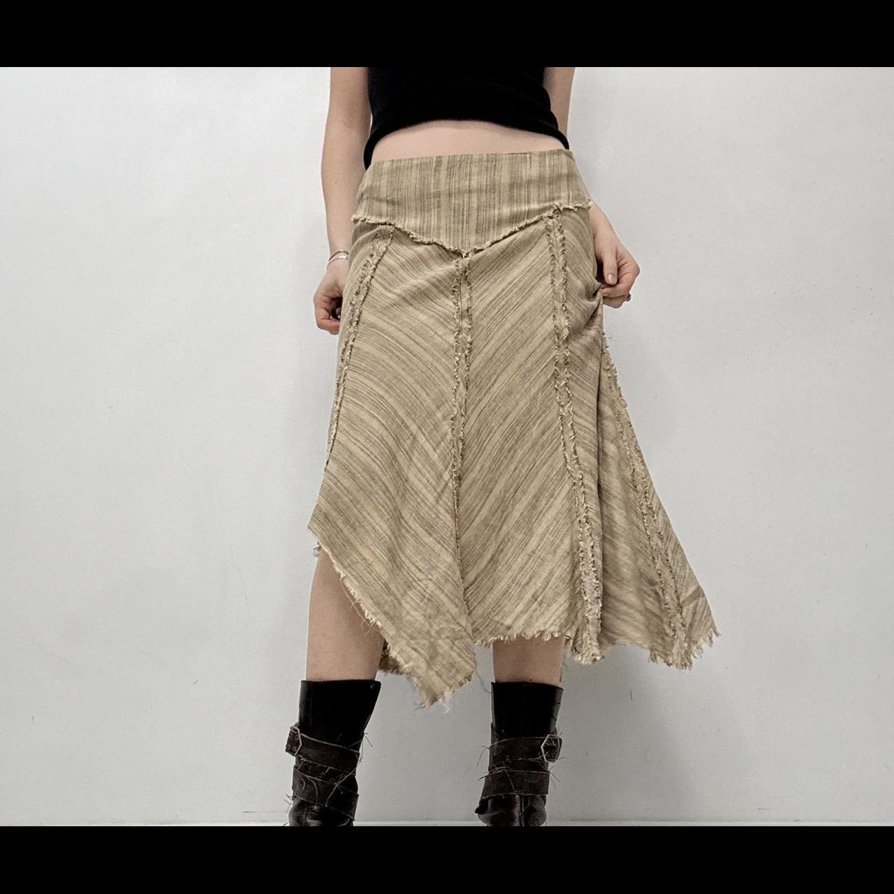 Distressed tan pinstriped midi skirt