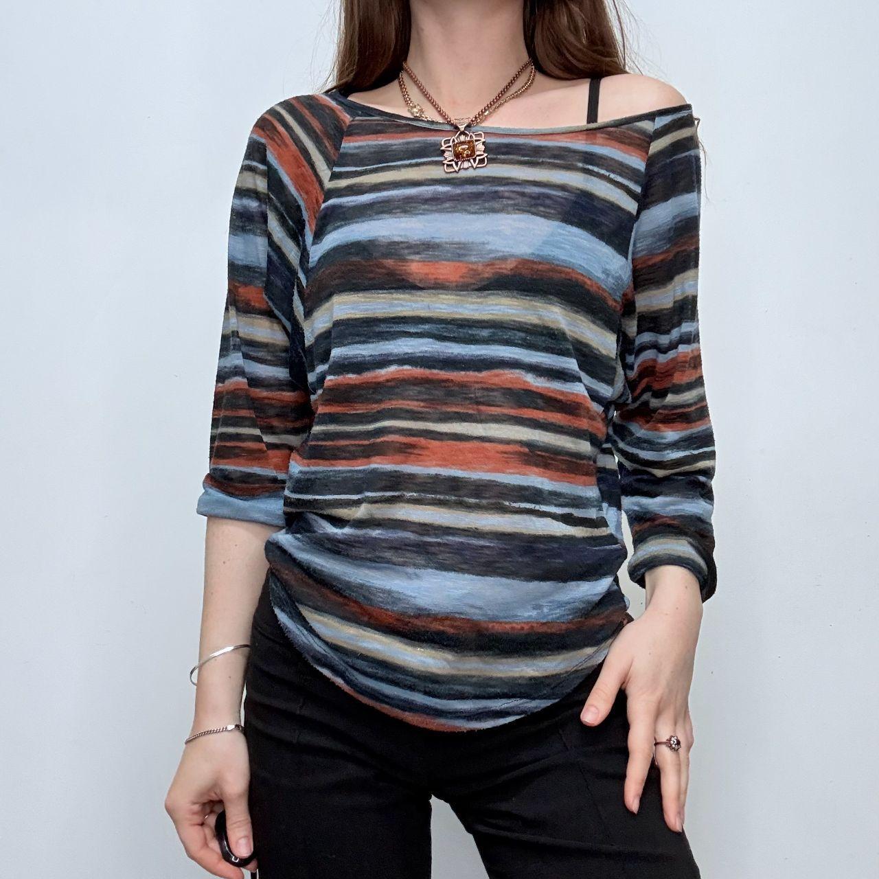 Distressed stripe slouchy sheer top