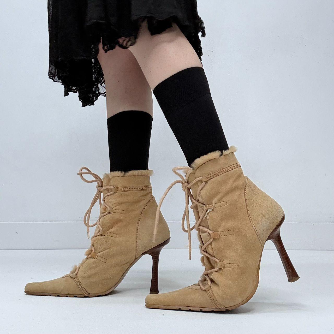 Tan leather pointed suede heels