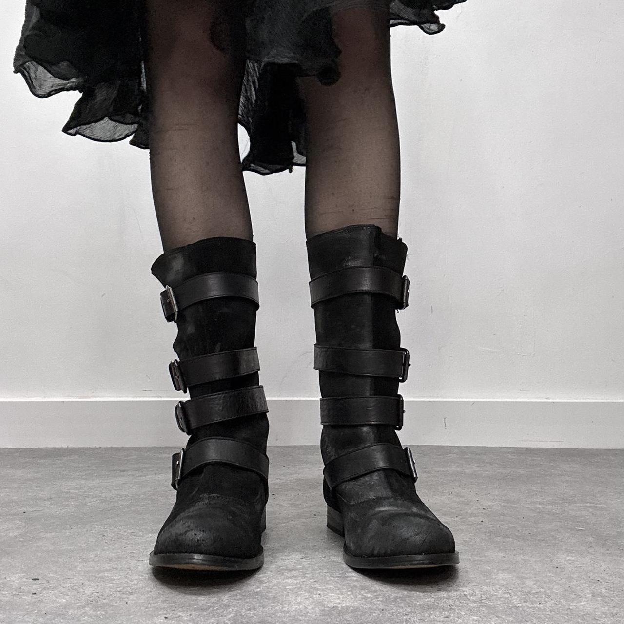 Black leather buckle biker boots