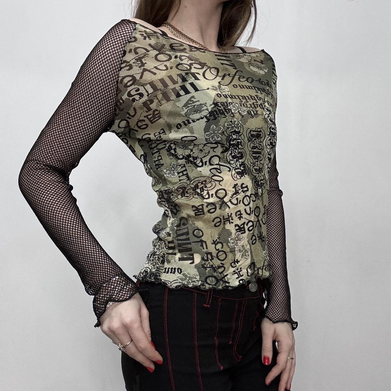 Y2k sheer graphic printed fishnet top