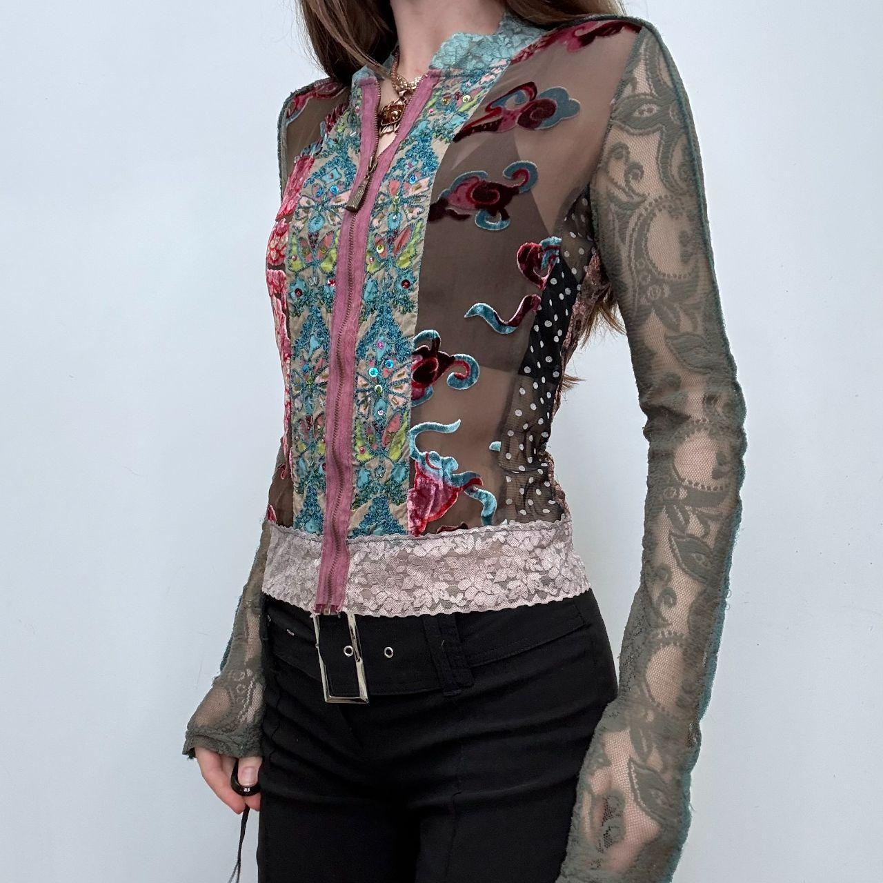Floral lace fitted patchwork zip-shirt