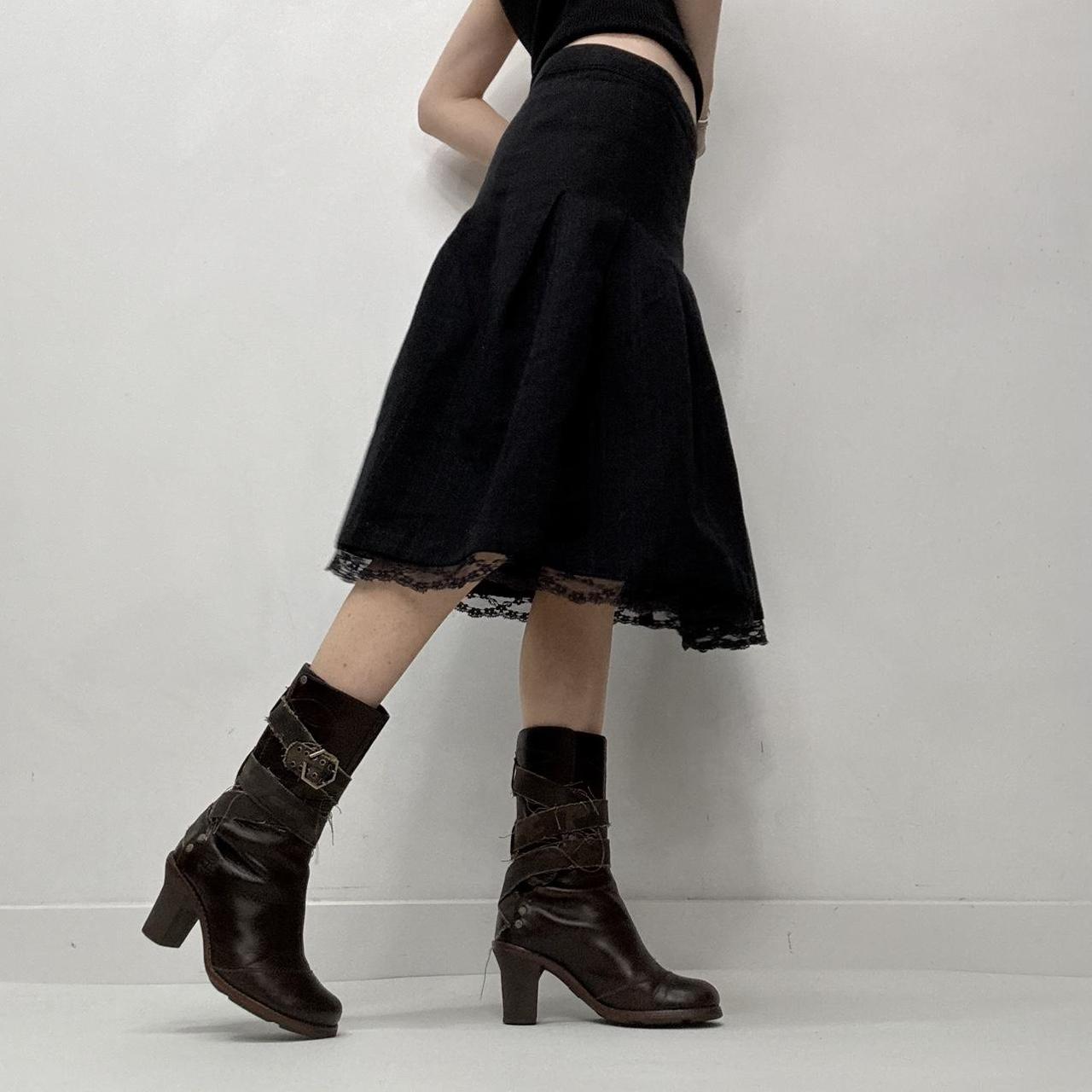 Pinstripe pleated lace midi skirt