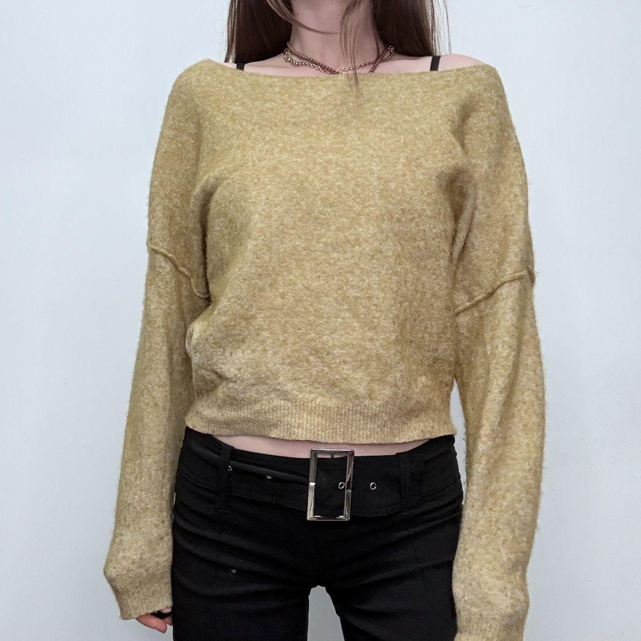 Green off the shoulder slash neck wool jumper