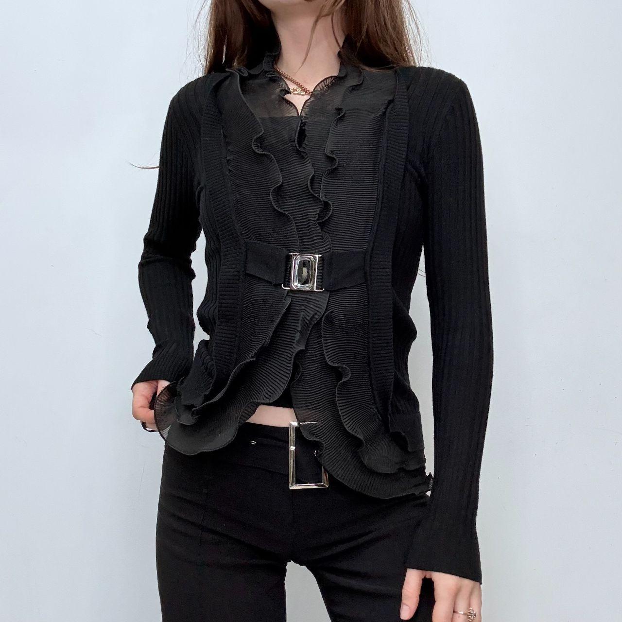 Black pleated ruffle shirt ribbed cardi