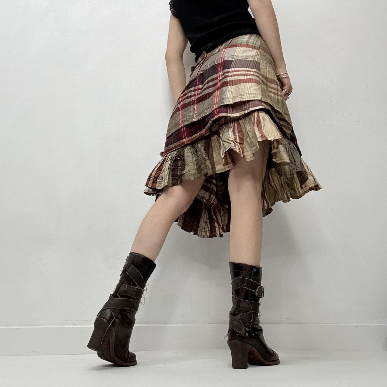 Checked tartan asymmetric ruffle layered skirt