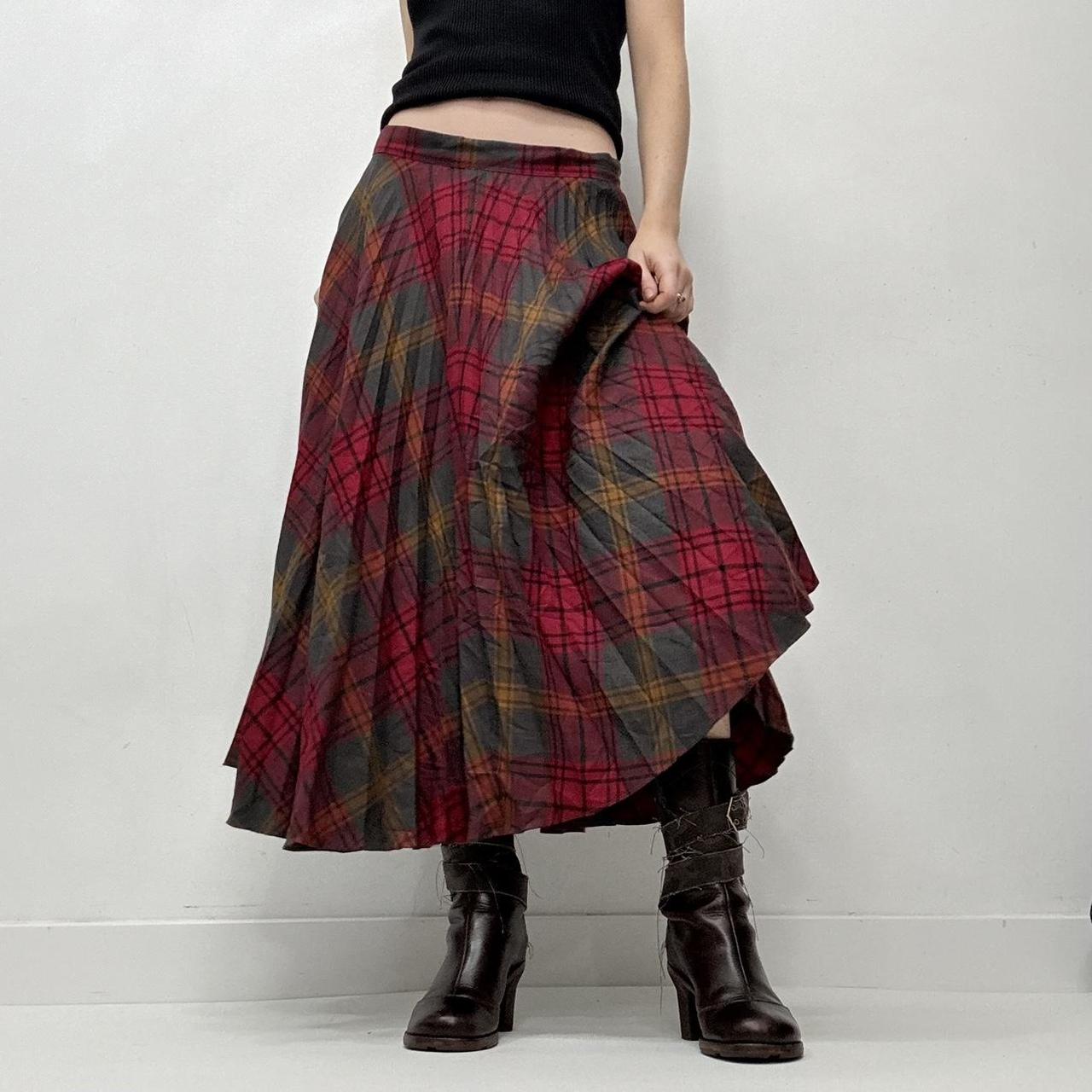 Red pleated tartan maxi skirt