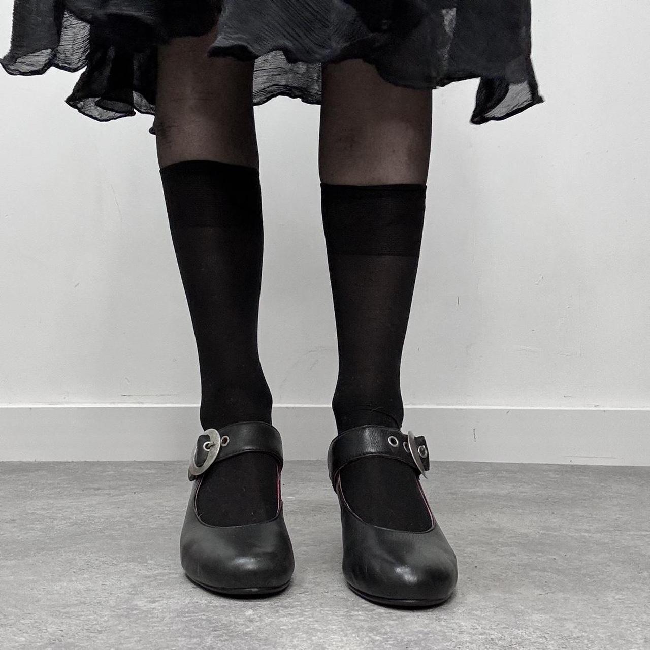 Black leather buckle heel mary janes