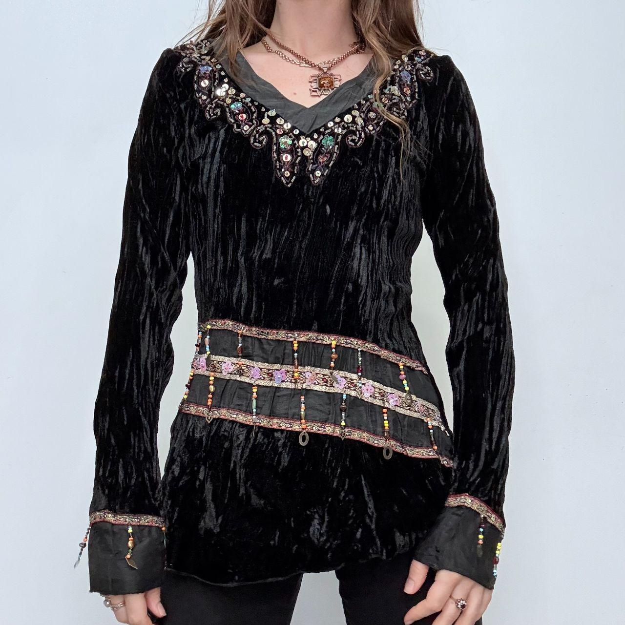 Black crinkle velvet boho flare top