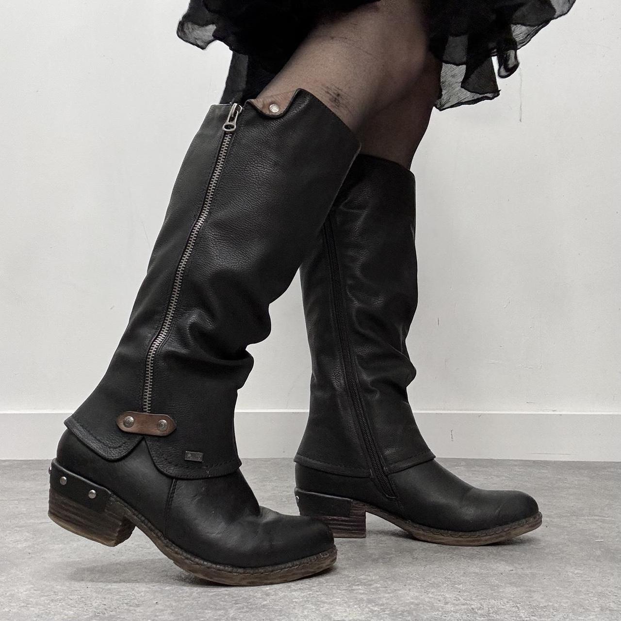 Chunky black leather biker boots