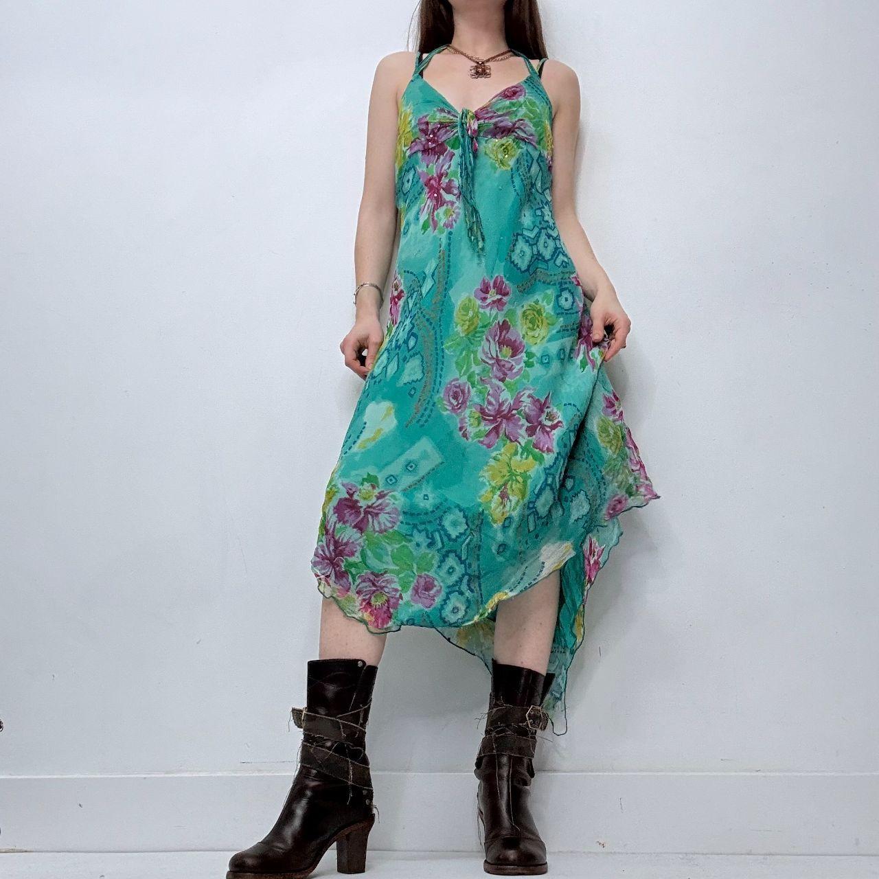 Blue floral silk fishtail dress