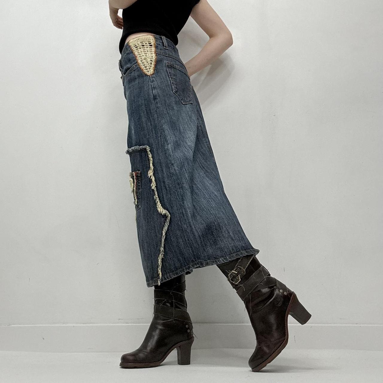 Contrast denim distressed crochet skirt