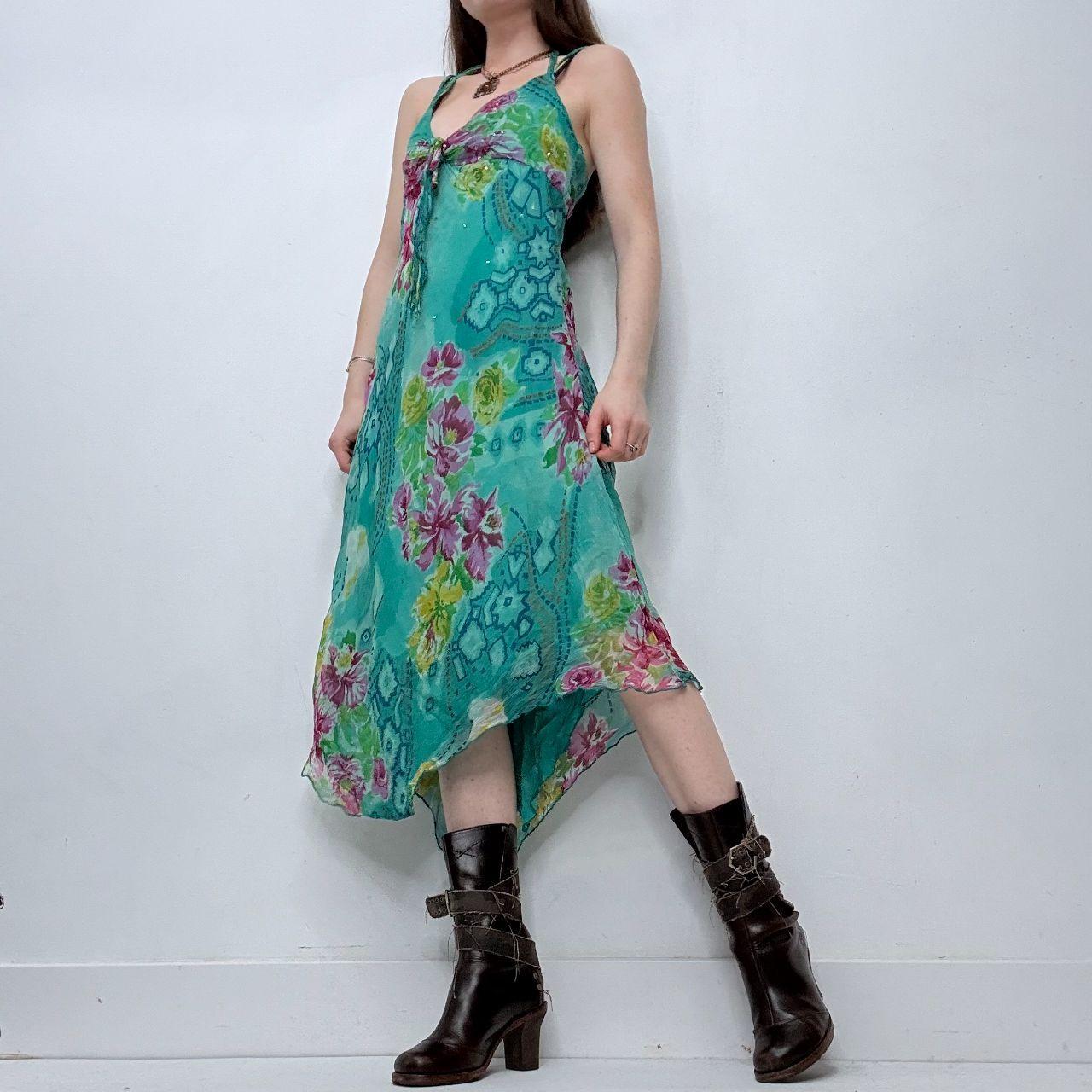 Blue floral silk fishtail dress