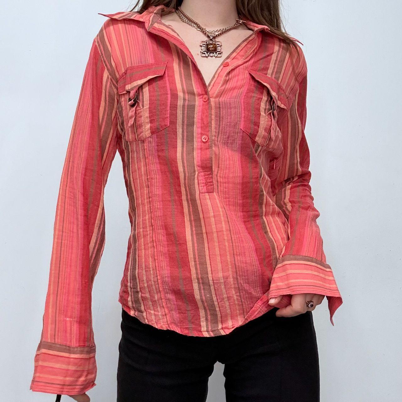 Pinstripe sheer flared cargo shirt