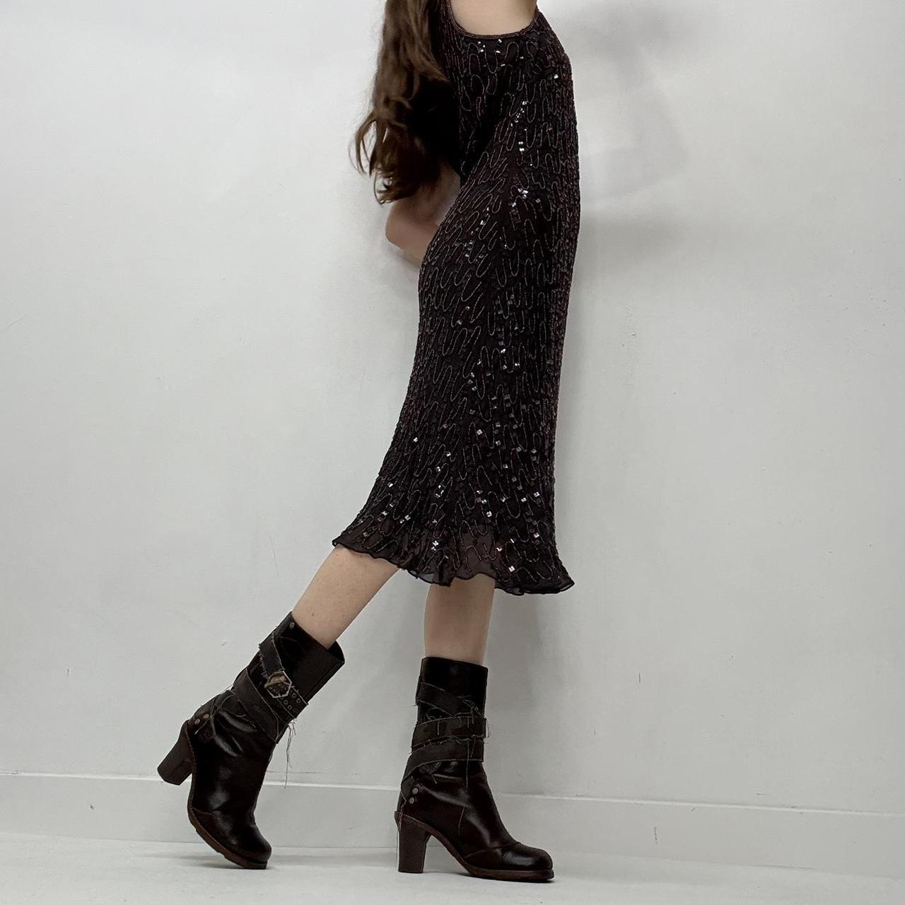 Brown beaded shimmer slash neck dress