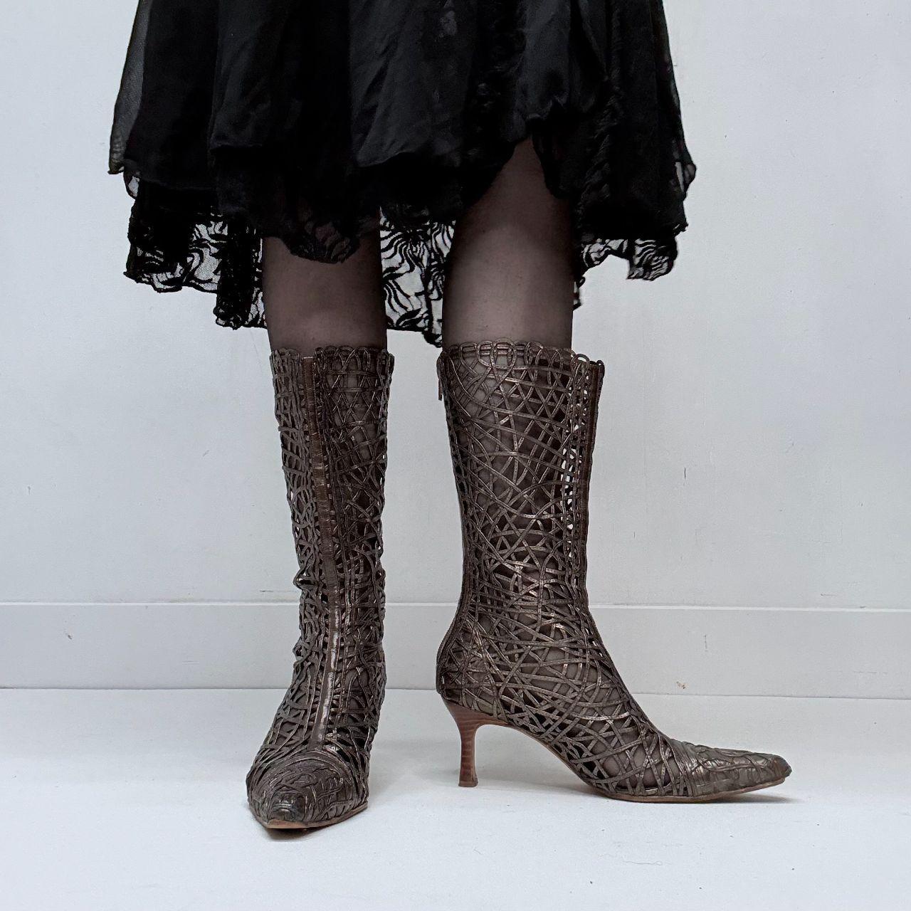 Woven sheer lace leather heel boots