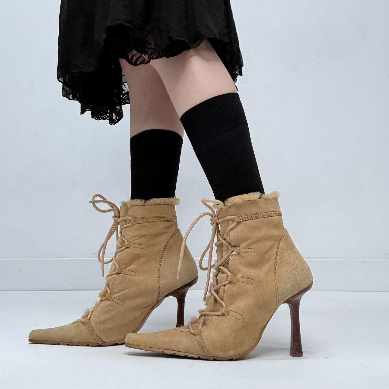 Tan leather pointed suede heels