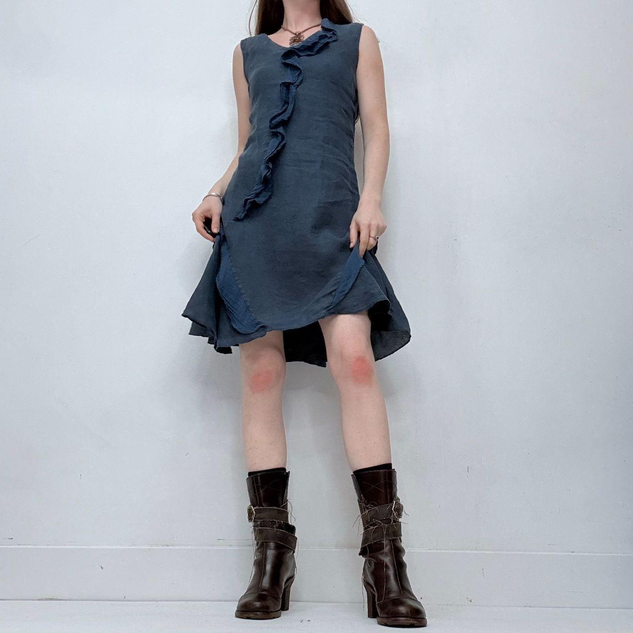 Blue linen flutter flared midi dress