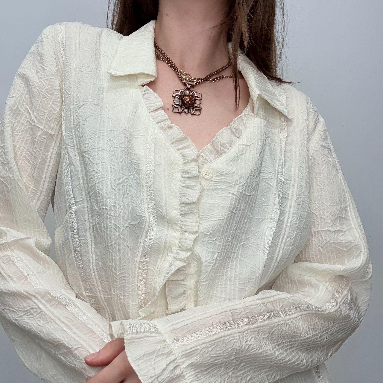 Cream crinkle pinstripe lace shirt