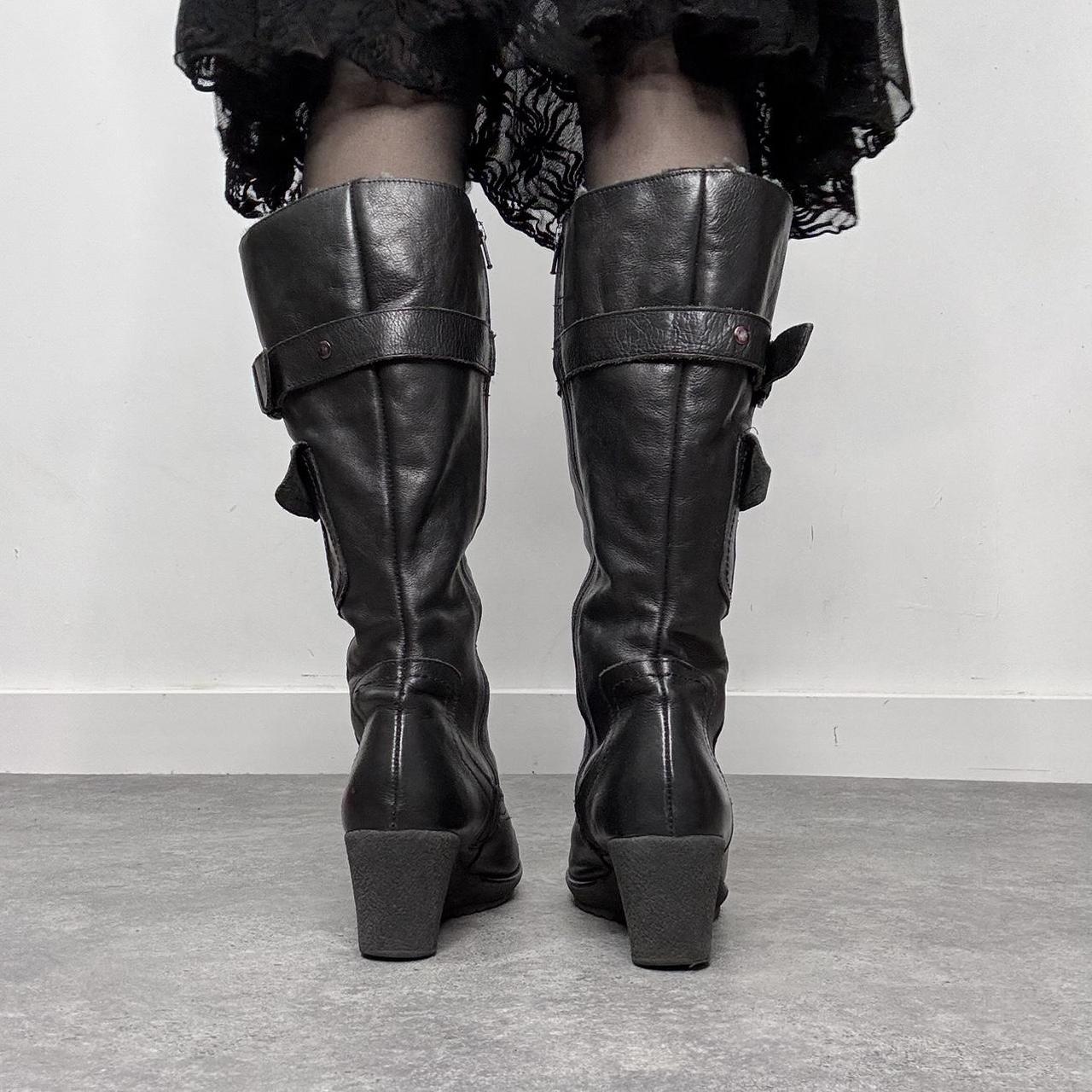 Black leather buckle knee high boots