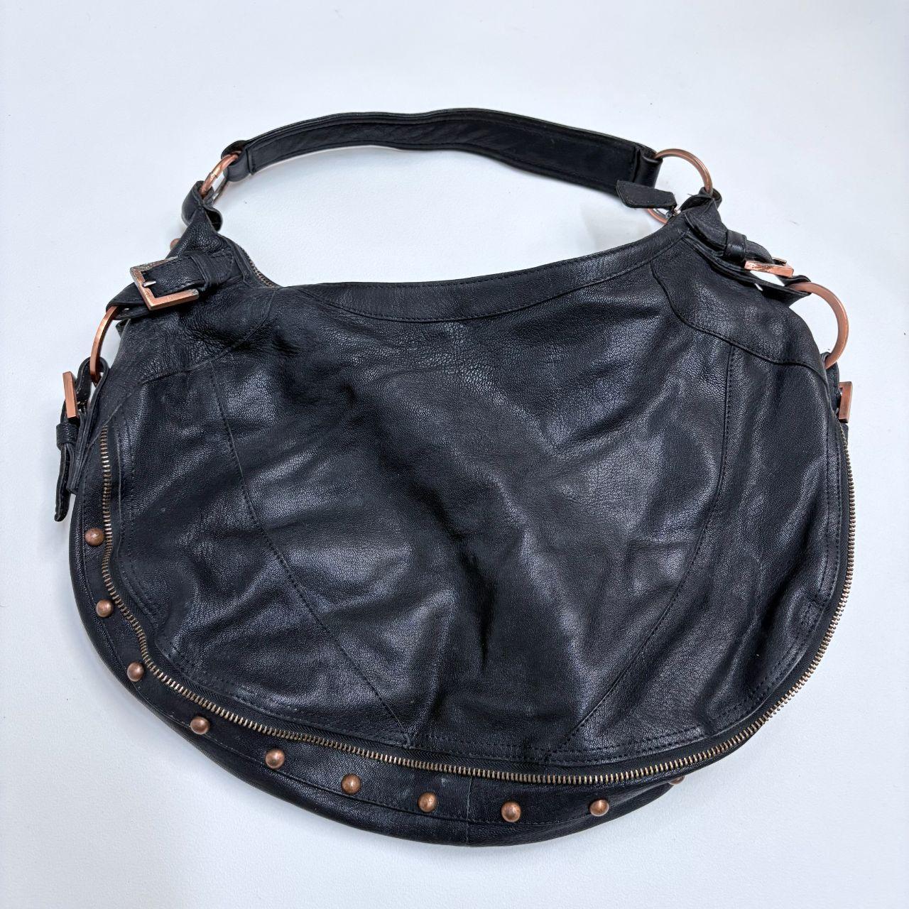Black leather studded slouchy biker bag
