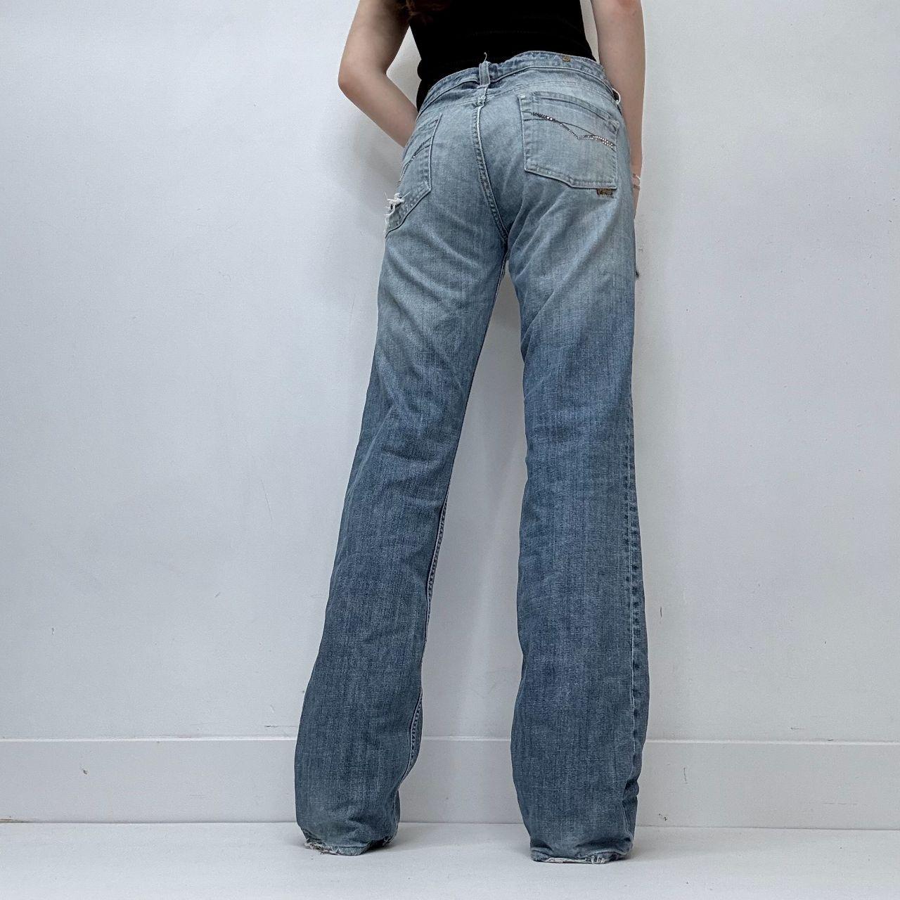 Distressed flared leg low rise jeans