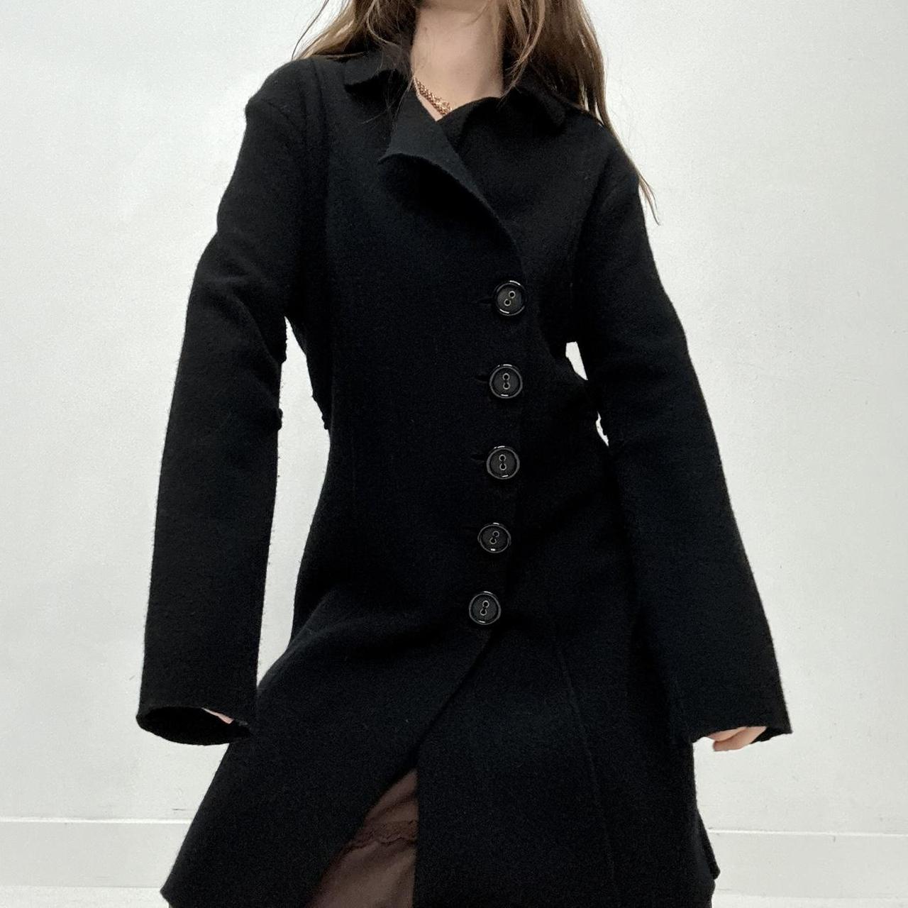 Black felted wool flared asymmetric pea coat