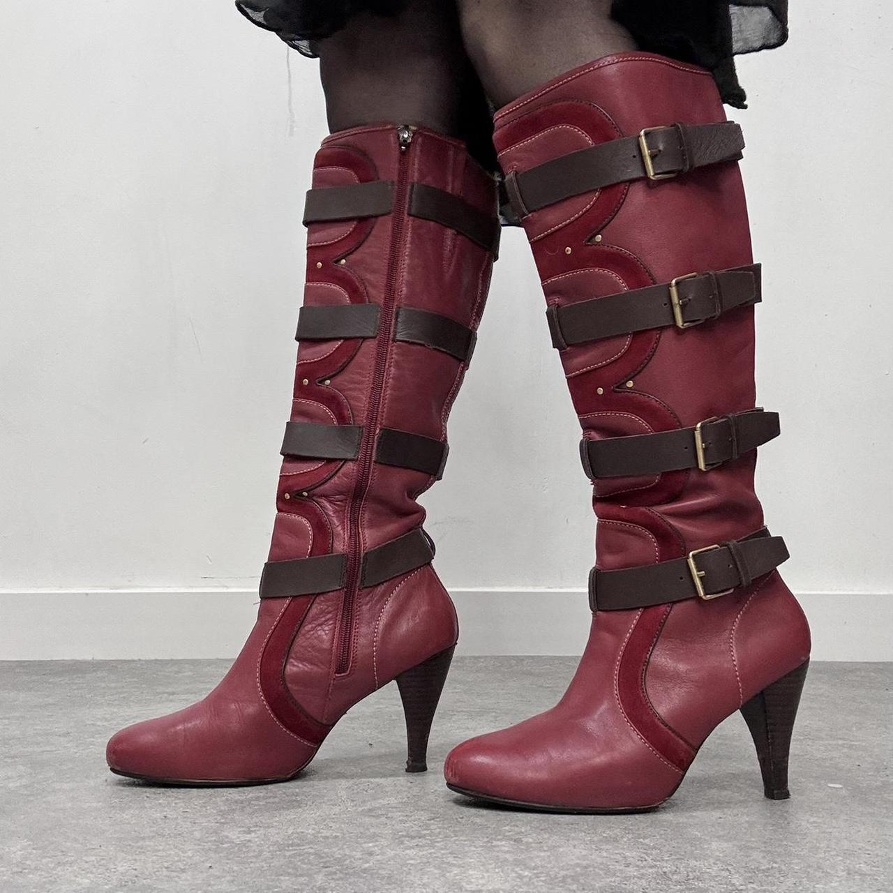 Red leather heel buckle boots