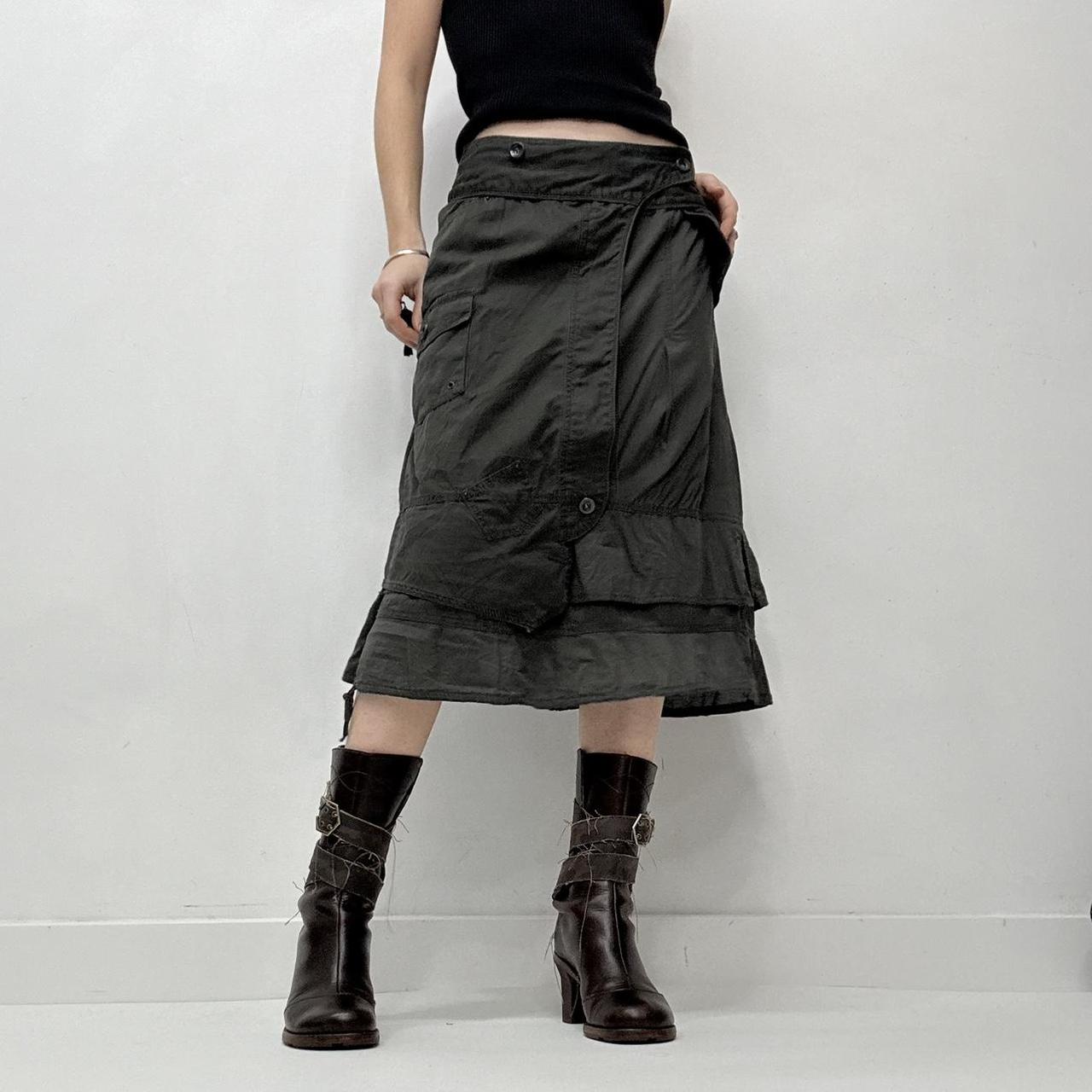 Khaki layered utility button midi skirt