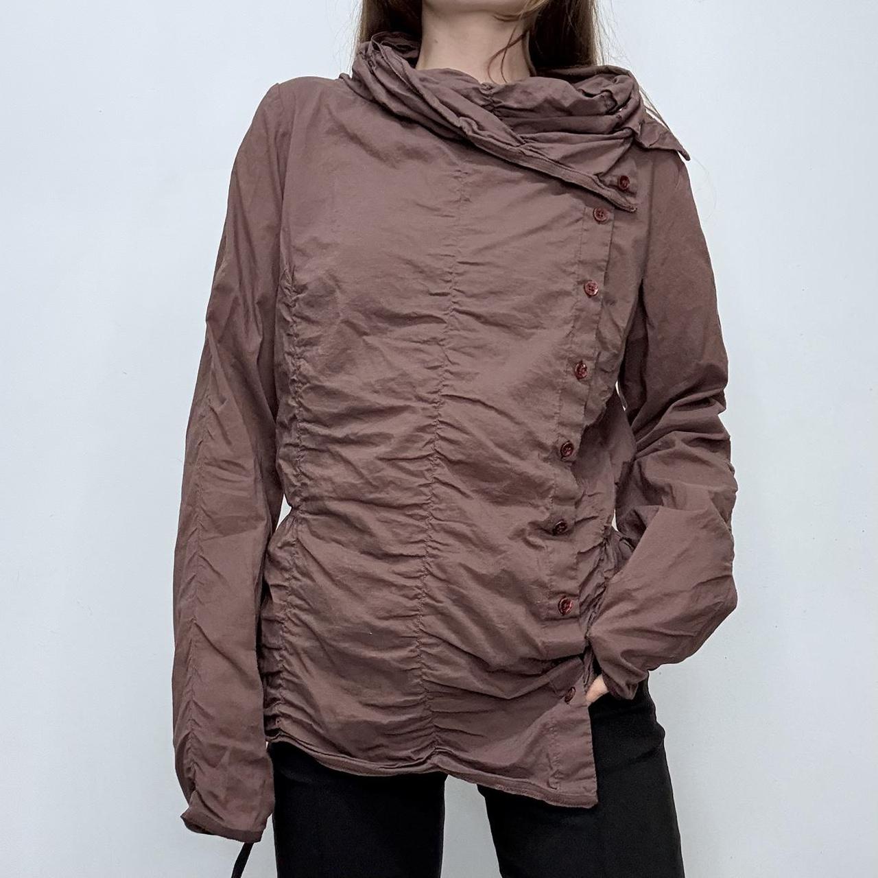 Brown asymmetric gathered cotton shirt