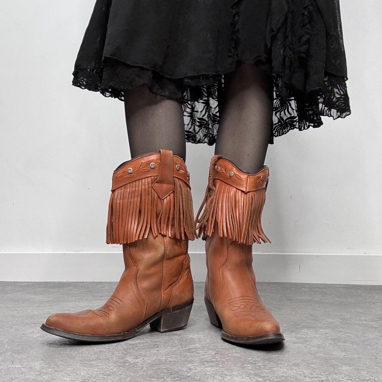 Tan leather fringe cowboy boots