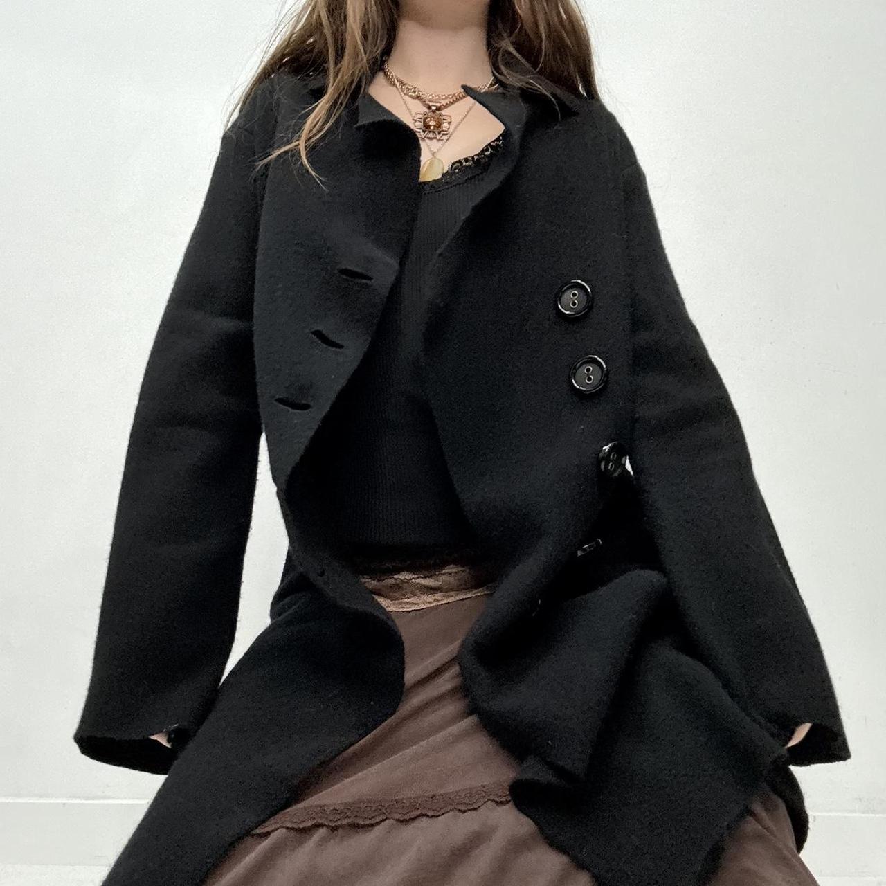 Black felted wool flared asymmetric pea coat