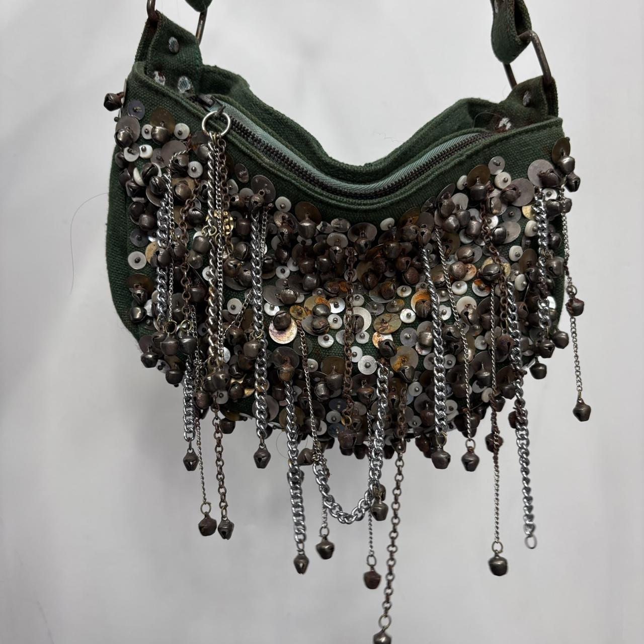 Green studded chain slouchy shoulder bag
