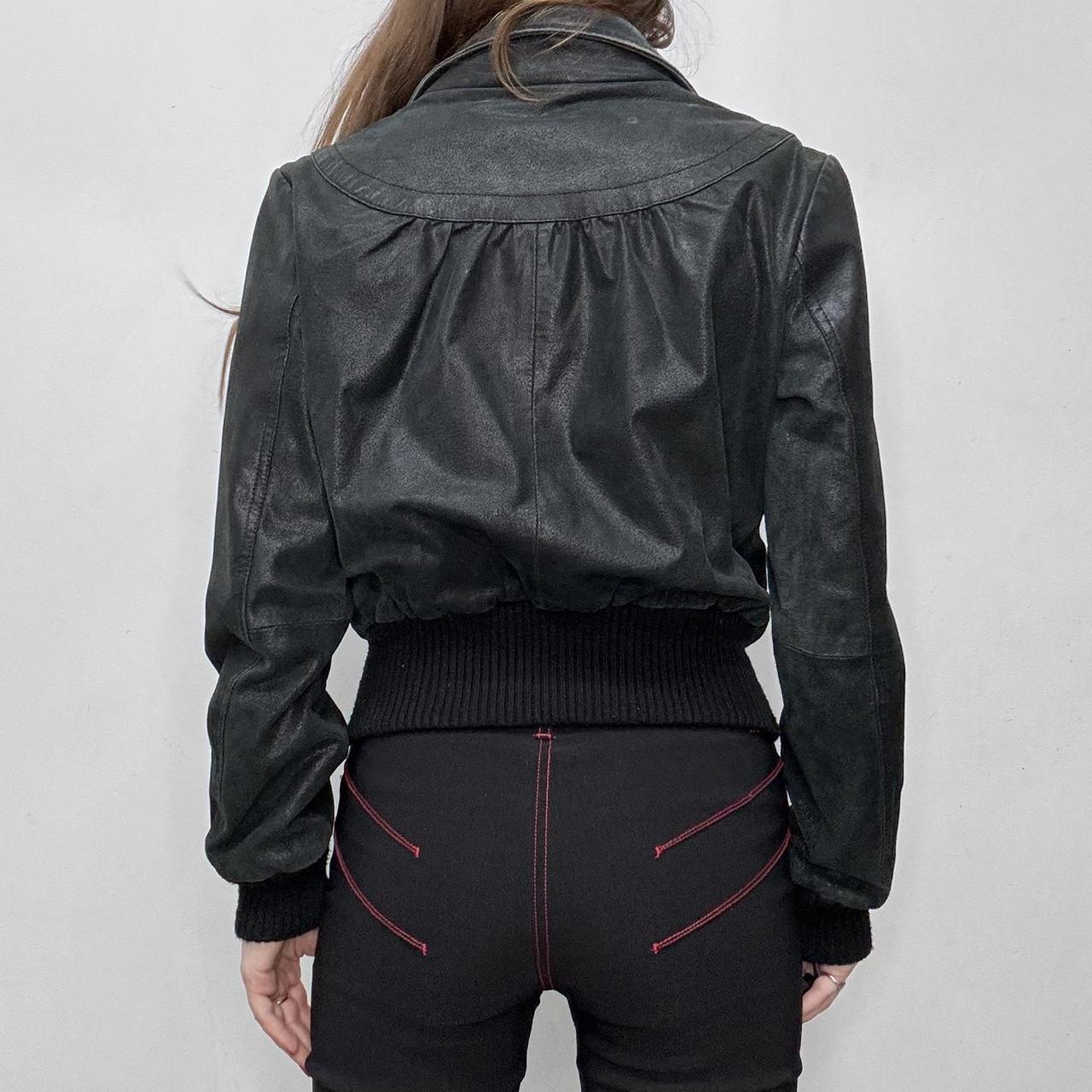 Black leather cropped bomber jacket
