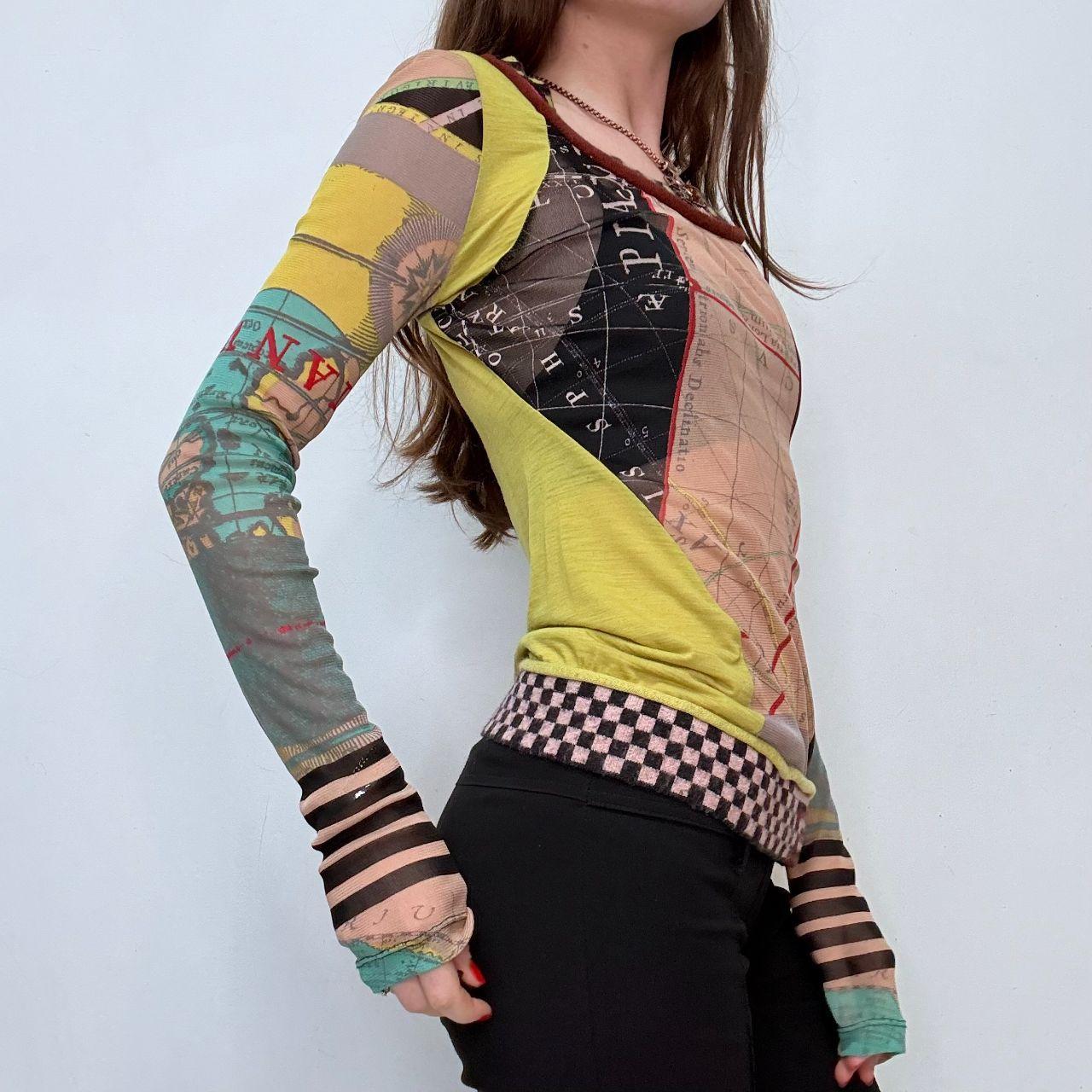 Sheer graphic long sleeve patchwork top
