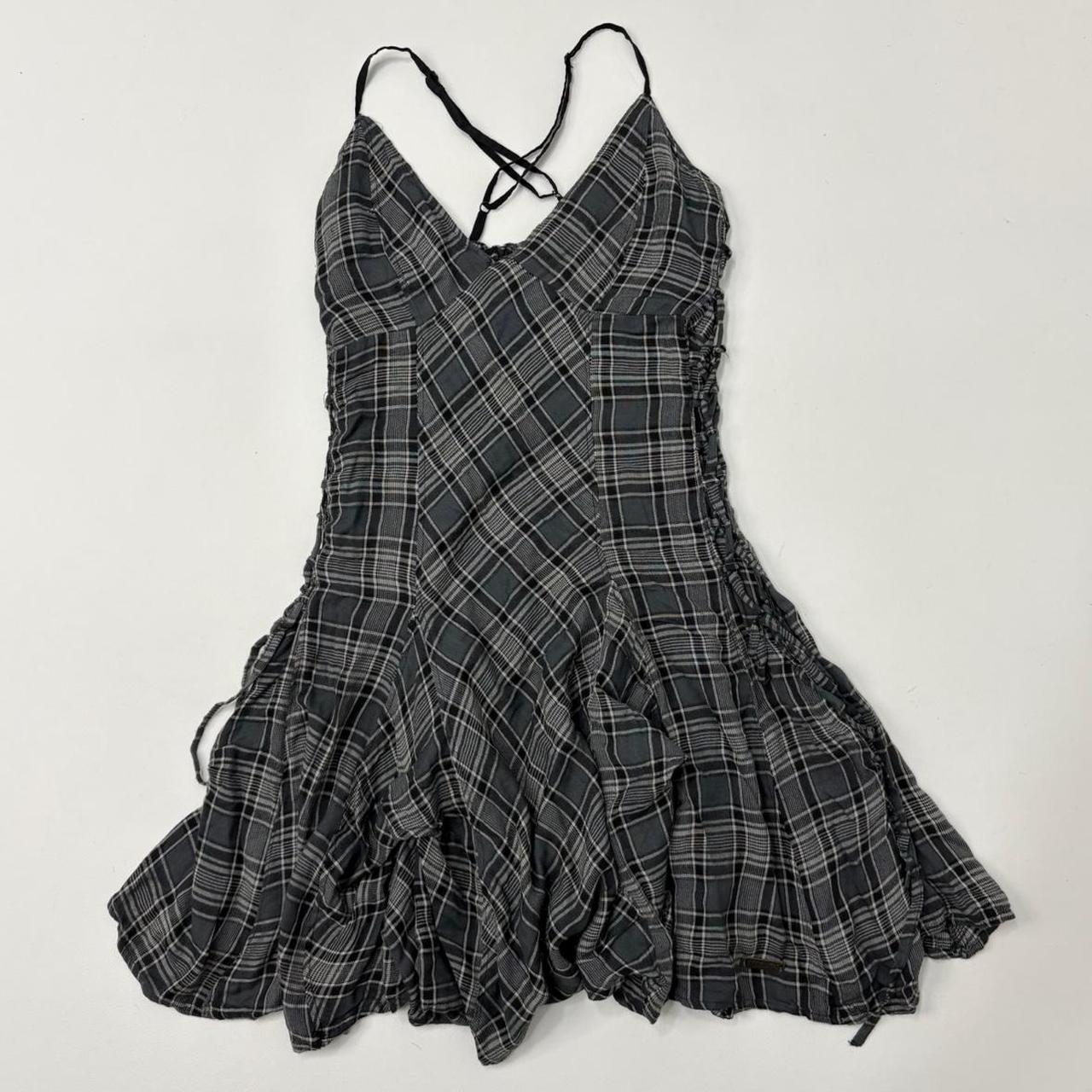 Checked tartan puff gathered mini dress