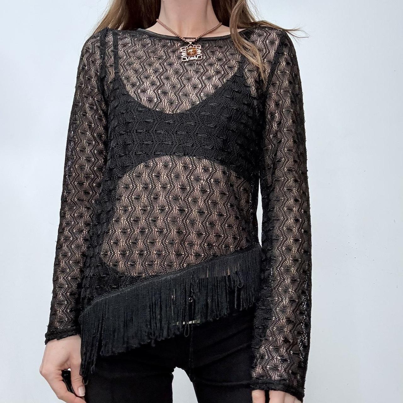 Black sheer crochet lace tassel top