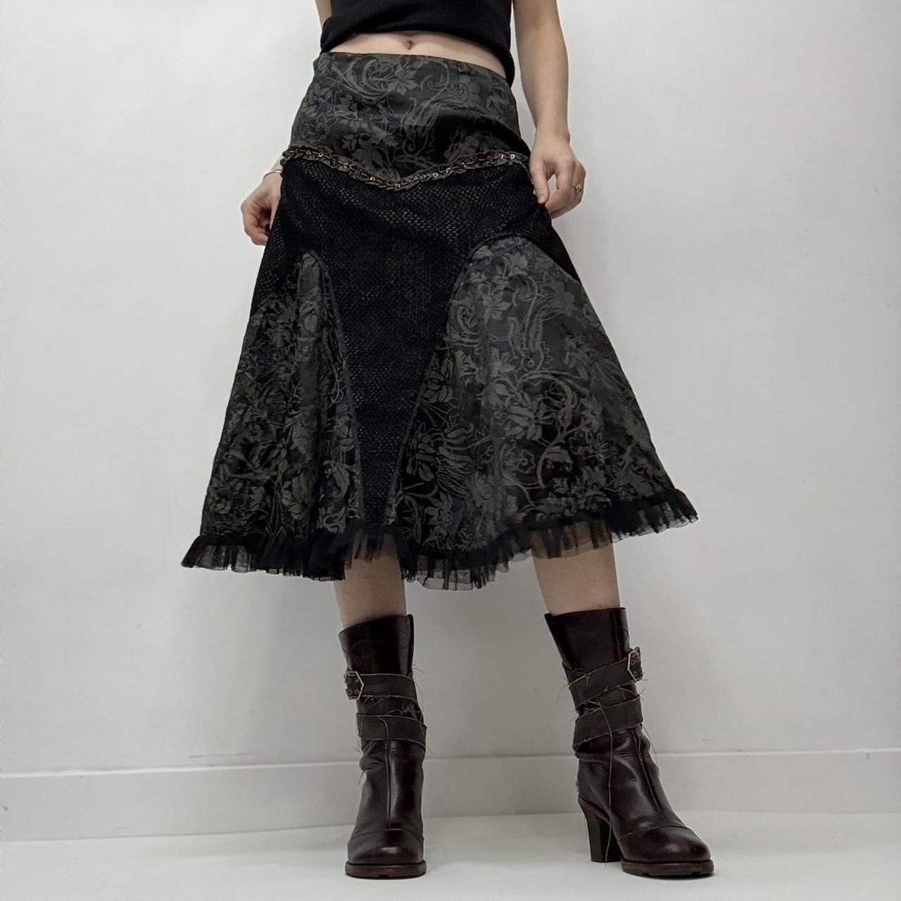 Black grunge baroque patterned midi skirt